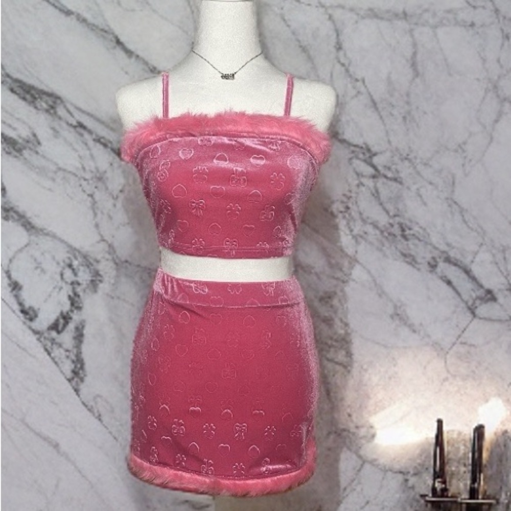 SHEIN two piece pink Barbie crop top and skirt combo with faux fur lining